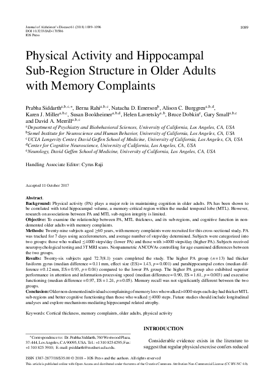 (PDF) Physical Activity and Hippocampal Sub-Region Structure in Older ...