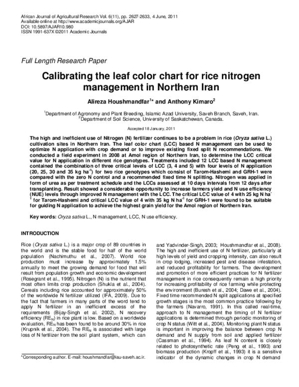 (PDF) Calibrating the leaf color chart for rice nitrogen management in ...