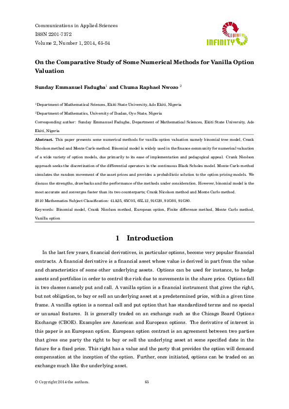 (PDF) On the Comparative Study of Some Numerical Methods for Vanilla ...