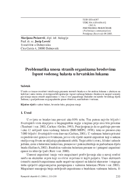 Problematika unosa stranih organizama brodovima Ispust vodenog balasta u hrvatskim lukama