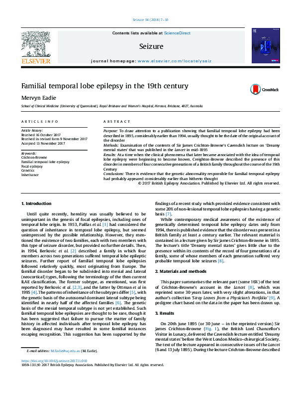 (PDF) Familial temporal lobe epilepsy in the 19th century