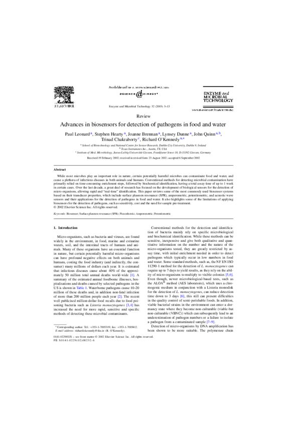 (PDF) Advances In Biosensors for Detection of Pathogens In Food and Water