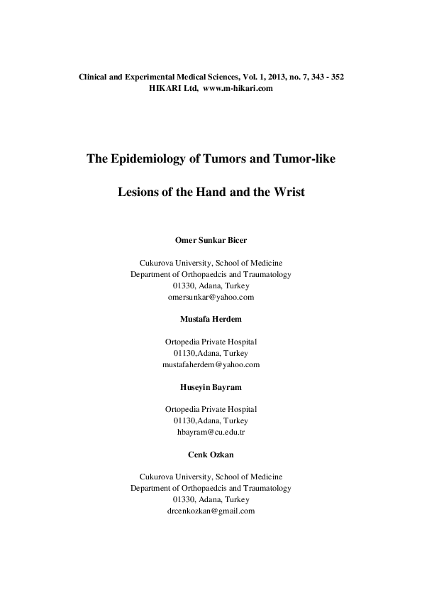 (PDF) The epidemiology of tumors and tumor-like lesions of the hand and ...