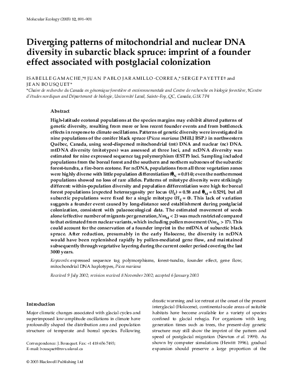 (PDF) Diverging patterns of mitochondrial and nuclear DNA diversity in ...