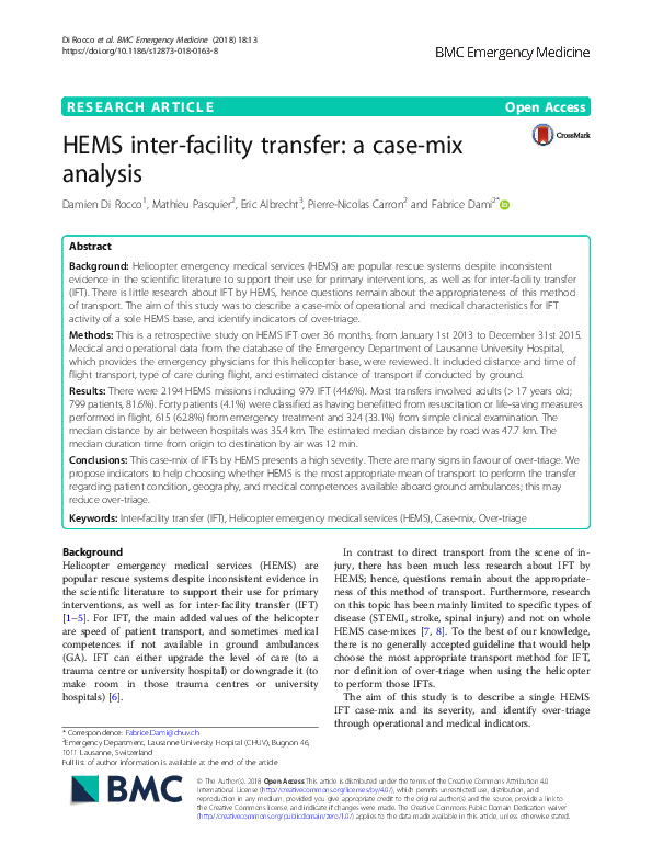 (PDF) HEMS inter-facility transfer: a case-mix analysis