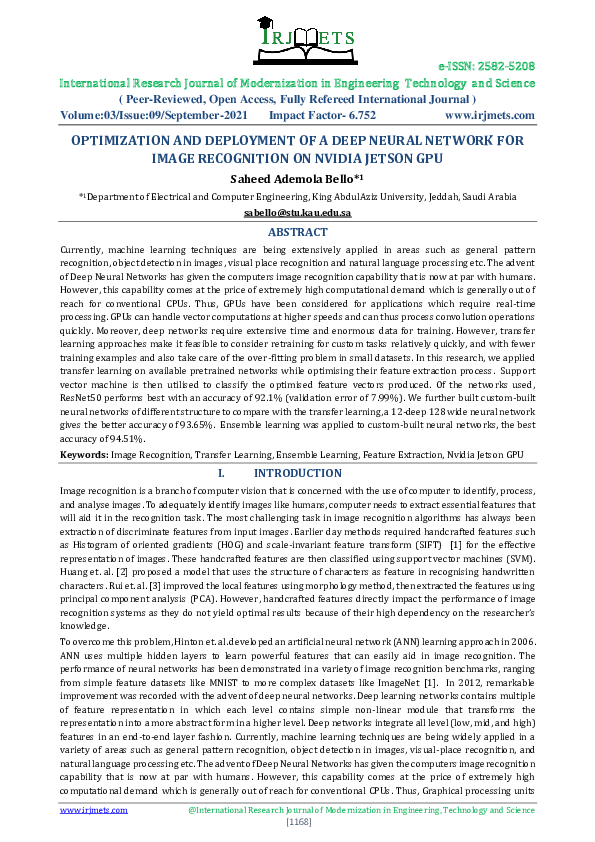 (PDF) OPTIMIZATION AND DEPLOYMENT OF A DEEP NEURAL NETWORK FOR IMAGE ...