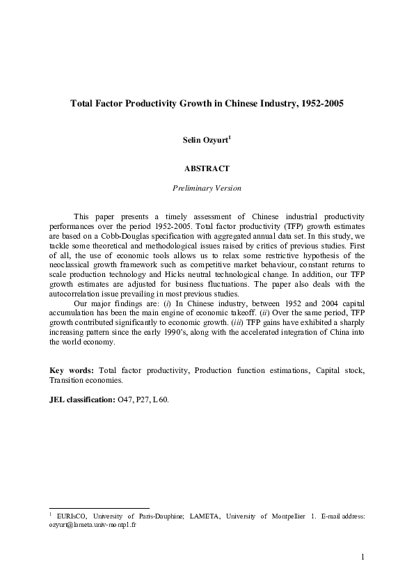 (PDF) Total Factor Productivity Growth in Chinese Industry: 1952–2005