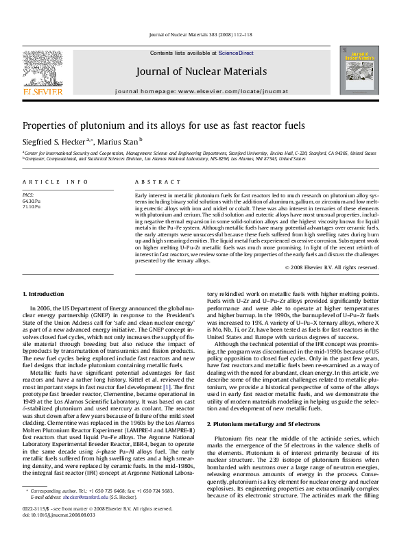 (PDF) Properties of plutonium and its alloys for use as fast reactor