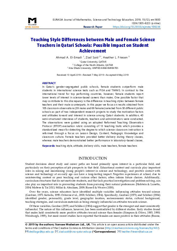 (PDF) Teaching Style Differences between Male and Female Science ...