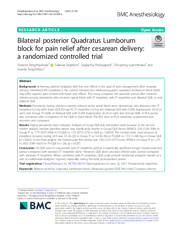 (PDF) Bilateral posterior Quadratus Lumborum block for pain relief