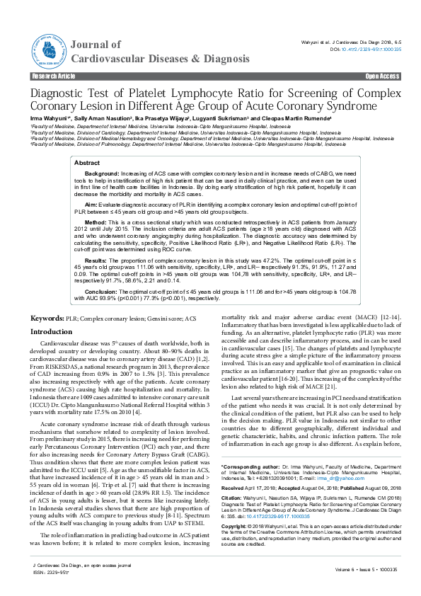 (PDF) Diagnostic Test of Platelet Lymphocyte Ratio for Screening of ...