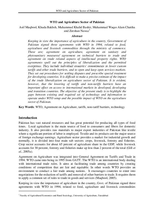 (PDF) WTO and Agriculture Sector of Pakistan