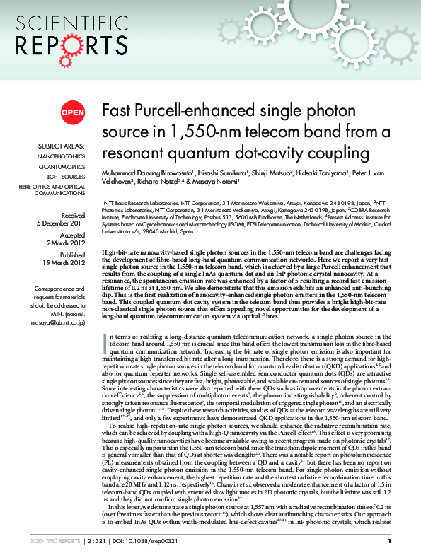 (PDF) Fast Purcell-enhanced single photon source in 1,550-nm telecom ...