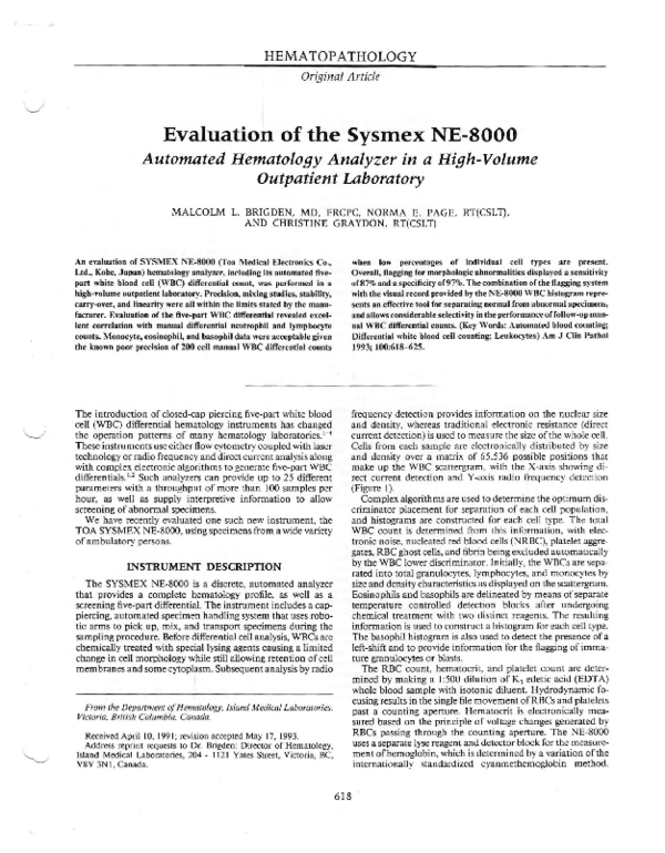 (PDF) Evaluation of the Sysmex NE-8000. Automated hematology analyzer ...