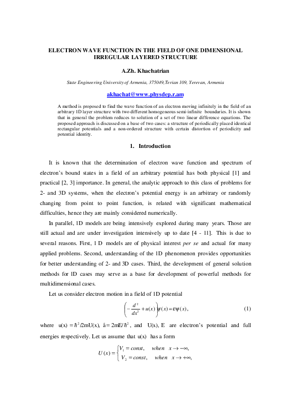 (PDF) Electron Wave Function in the Field of a One Dimensional ...