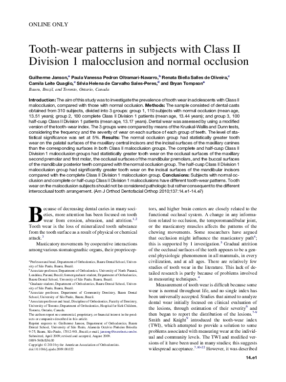 (PDF) Toothwear patterns in subjects with Class II Division 1 malocclusion and normal occlusion