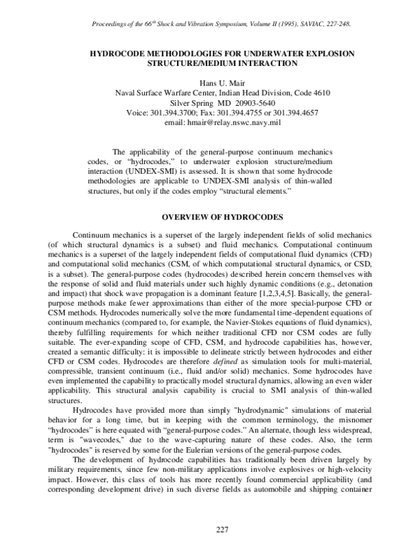 (PDF) Hydrocode Methodologies for Underwater Explosion Structure/Medium ...