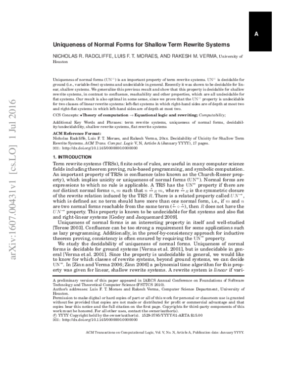(PDF) Uniqueness of Normal Forms for Shallow Term Rewrite Systems