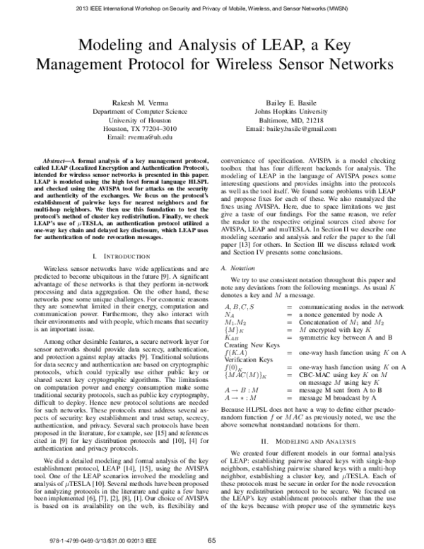 (PDF) Modeling and analysis of LEAP, a key management protocol for ...
