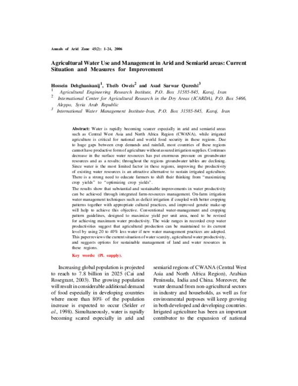 (PDF) Agricultural water use and management in arid and semi-arid areas ...