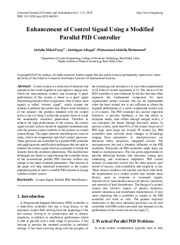(PDF) Enhancement of Control Signal Using a Modified Parallel PID ...