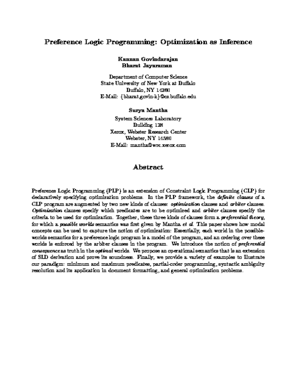 (PDF) Preference Logic Programming: Optimization as Inference