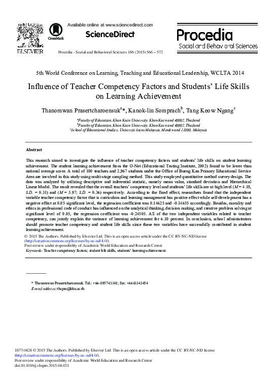 (PDF) Influence of Teacher Competency Factors and Students’ Life Skills ...