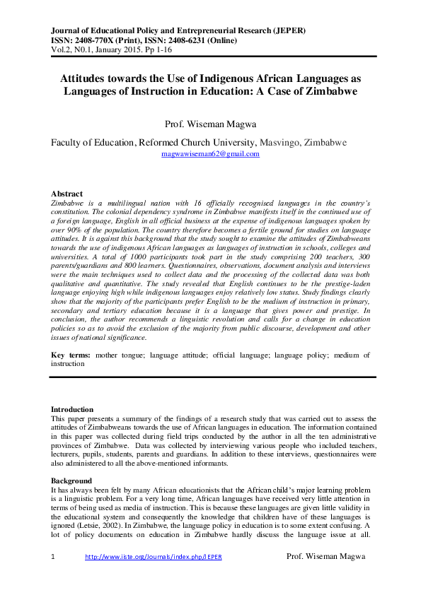 (PDF) Attitudes towards the Use of Indigenous African Languages as ...