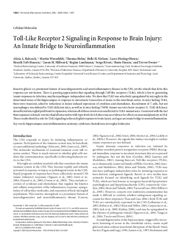 (PDF) Toll-like receptor 2 signaling in response to brain injury: an ...