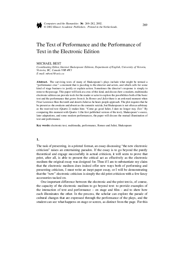 (PDF) The Text of Performance and the Performance of Text in the ...