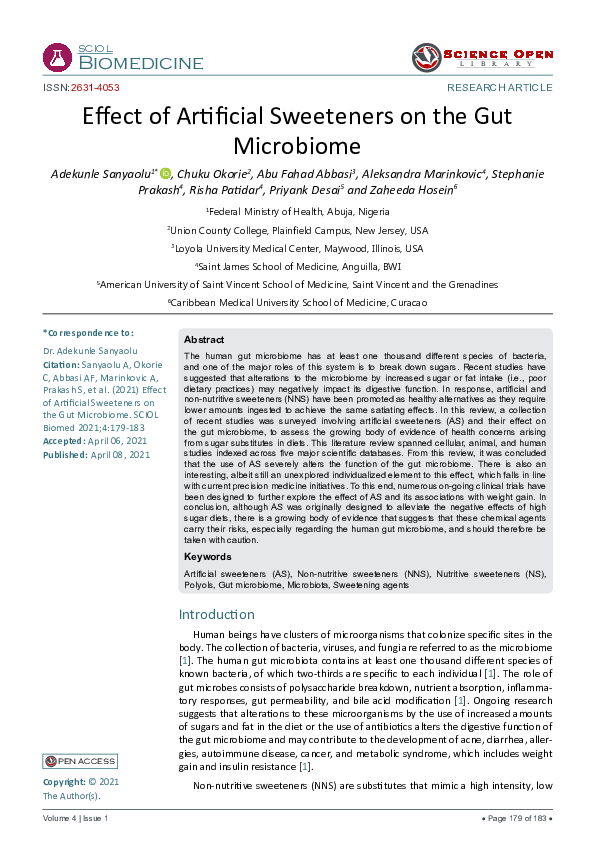 (PDF) Effect of Artificial Sweeteners on the Gut Microbiome