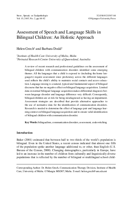 (PDF) Assessment of Speech and Language Skills in Bilingual Children ...