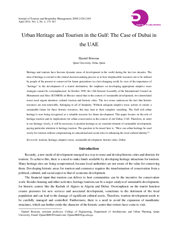 (PDF) Urban Heritage and Tourism in the Gulf: The Case of Dubai in the UAE