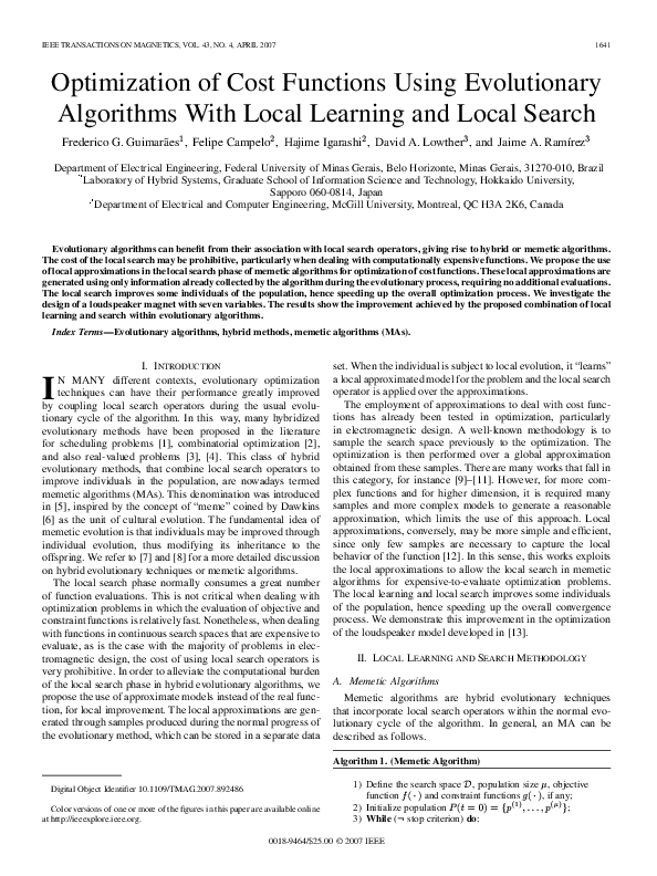 (PDF) Optimization of cost functions using evolutionary algorithms with ...