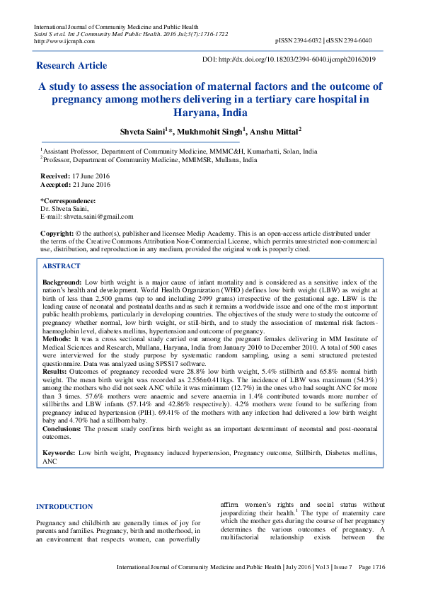 (PDF) A study to assess the association of maternal factors and the ...
