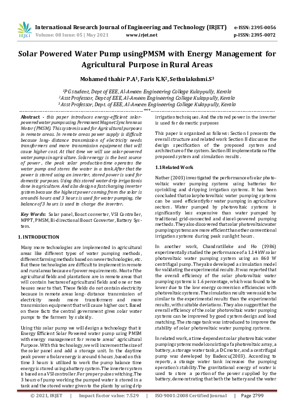 (PDF) IRJET Solar Powered Water Pump using PMSM with Energy Management