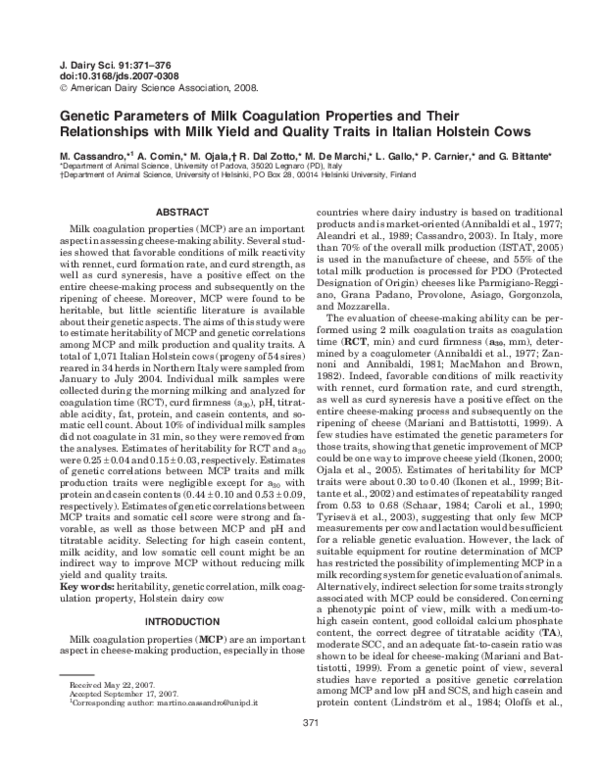 (PDF) Genetic parameters of milk coagulation properties and their ...