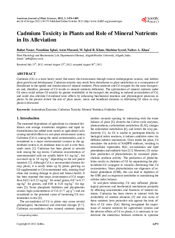 (PDF) Cadmium Toxicity in Plants and Role of Mineral Nutrients in Its ...