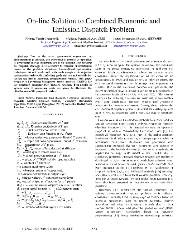 (PDF) On-line Solution to Combined Economic and Emission Dispatch Problem