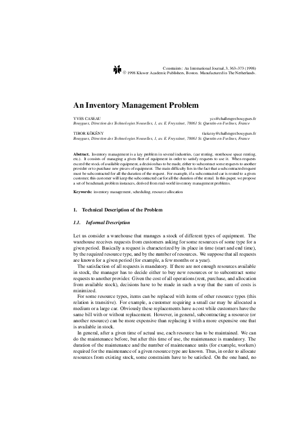 (PDF) An inventory management problem | Yves CASEAU - Academia.edu