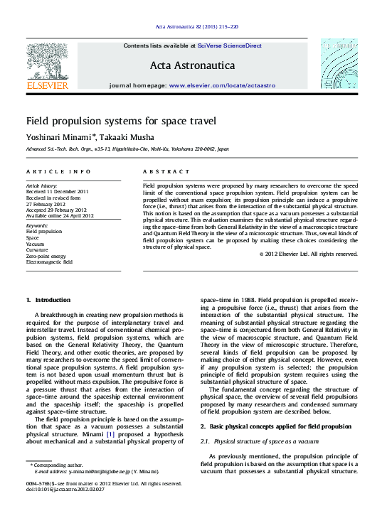 (PDF) Field propulsion systems for space travel