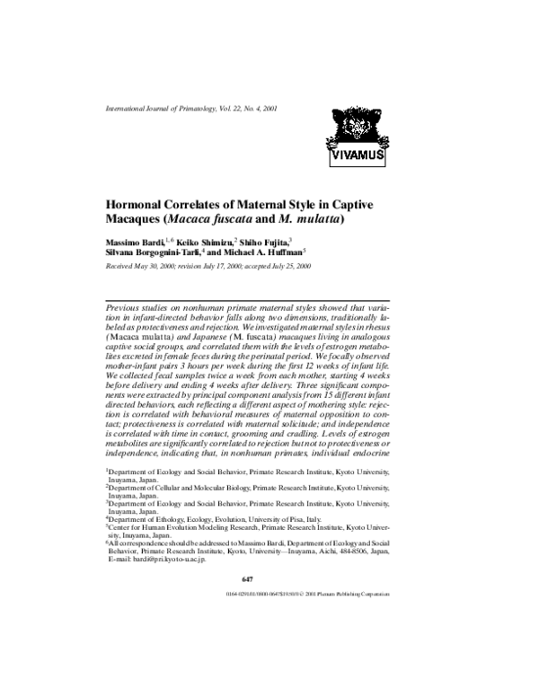 (PDF) Hormonal correlates of maternal style in captive macaques (Macaca ...