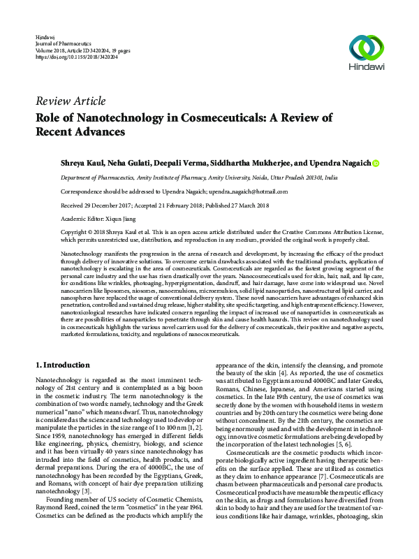 (PDF) Role of Nanotechnology in Cosmeceuticals: A Review of Recent Advances