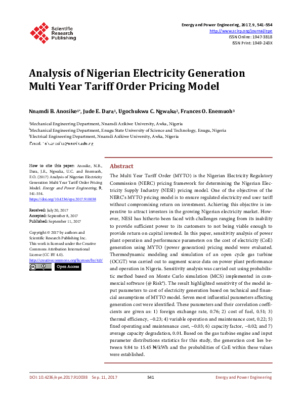 (PDF) Analysis of Nigerian Electricity Generation Multi Year Tariff ...
