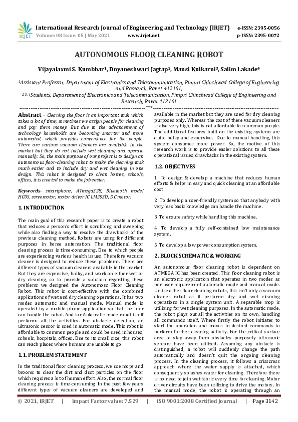 (PDF) IRJET AUTONOMOUS FLOOR CLEANING ROBOT IRJET Journal Academia.edu
