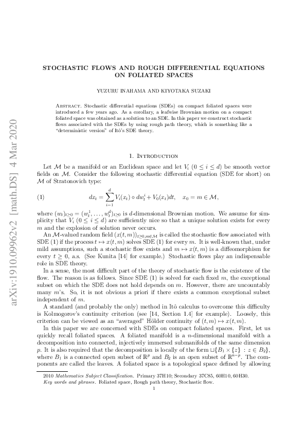 (PDF) Stochastic flows and rough differential equations on foliated spaces
