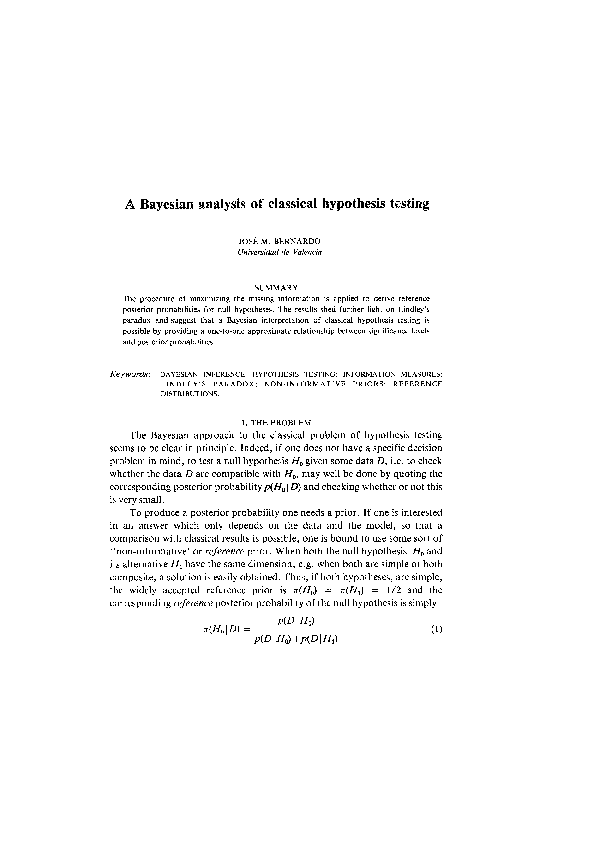 (PDF) A Bayesian analysis of classical hypothesis testing