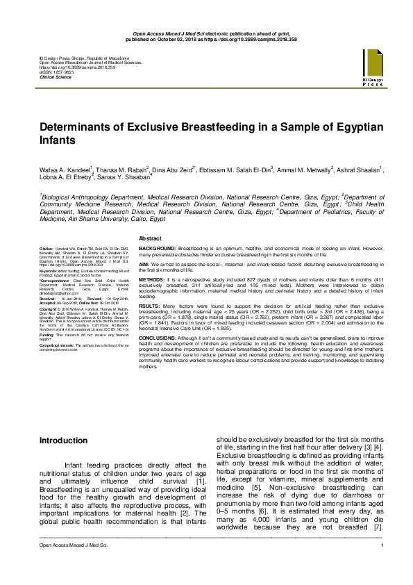 (PDF) Determinants of Exclusive Breastfeeding in a Sample of Egyptian ...