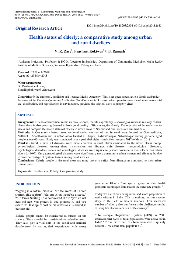 (PDF) Health status of elderly: a comparative study among urban and ...