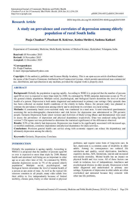 (PDF) A study on prevalence and correlates of depression among elderly ...